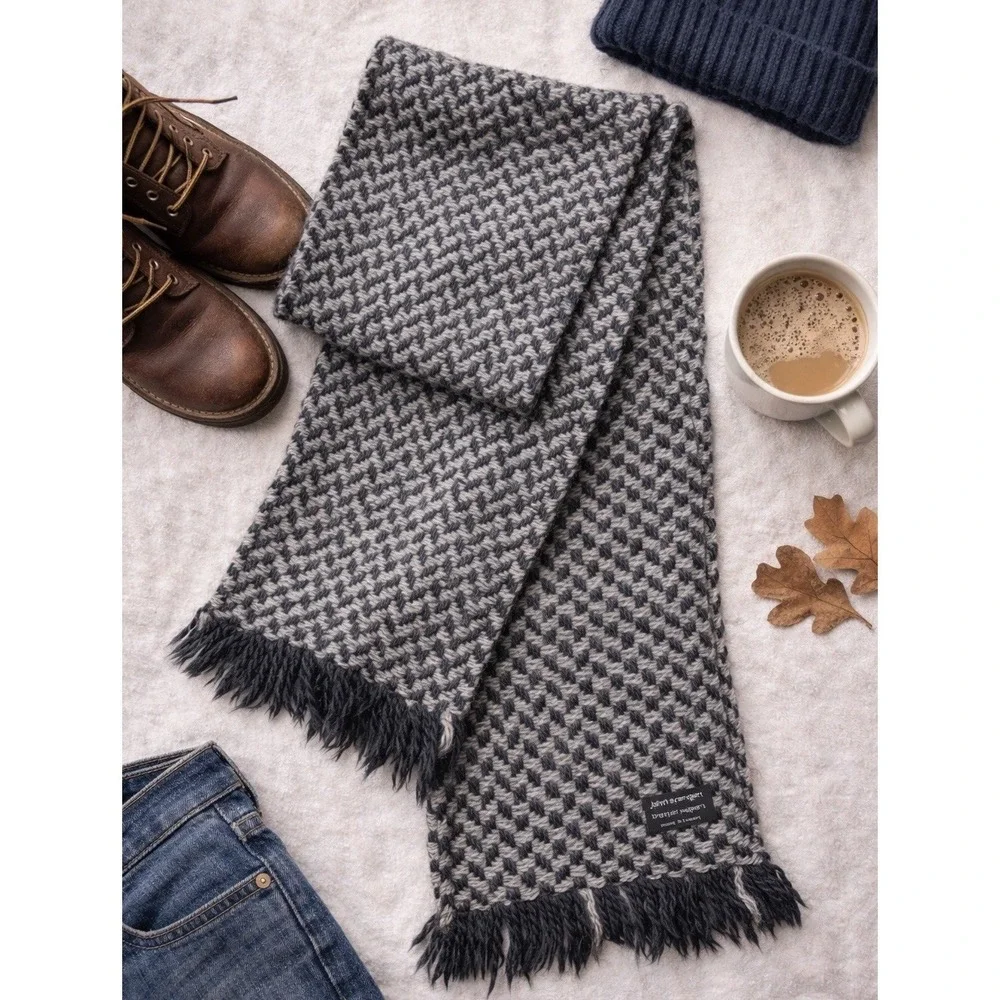 John Branigan Ireland Wool Blend Scarf Gray Black Chunky Knit Fringe Cozy Winter